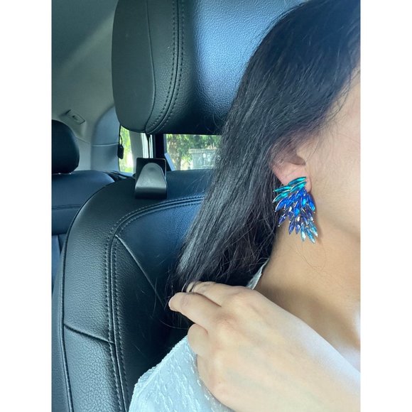 Large Blue earring stud wing crystal Rhinestone Crystal aqua teal oversized - Picture 6 of 7